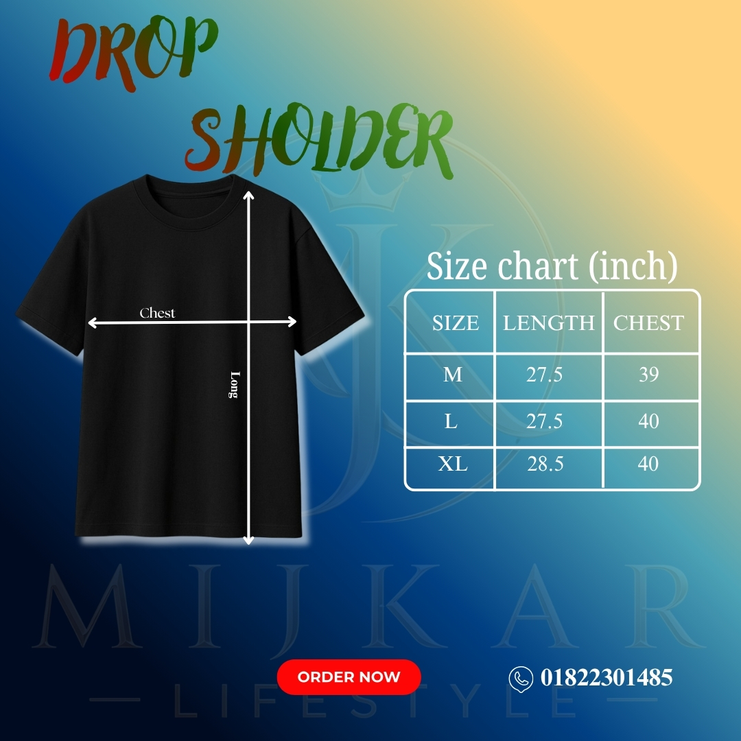 Premium Black Drop Shoulder T-Shirt size chart