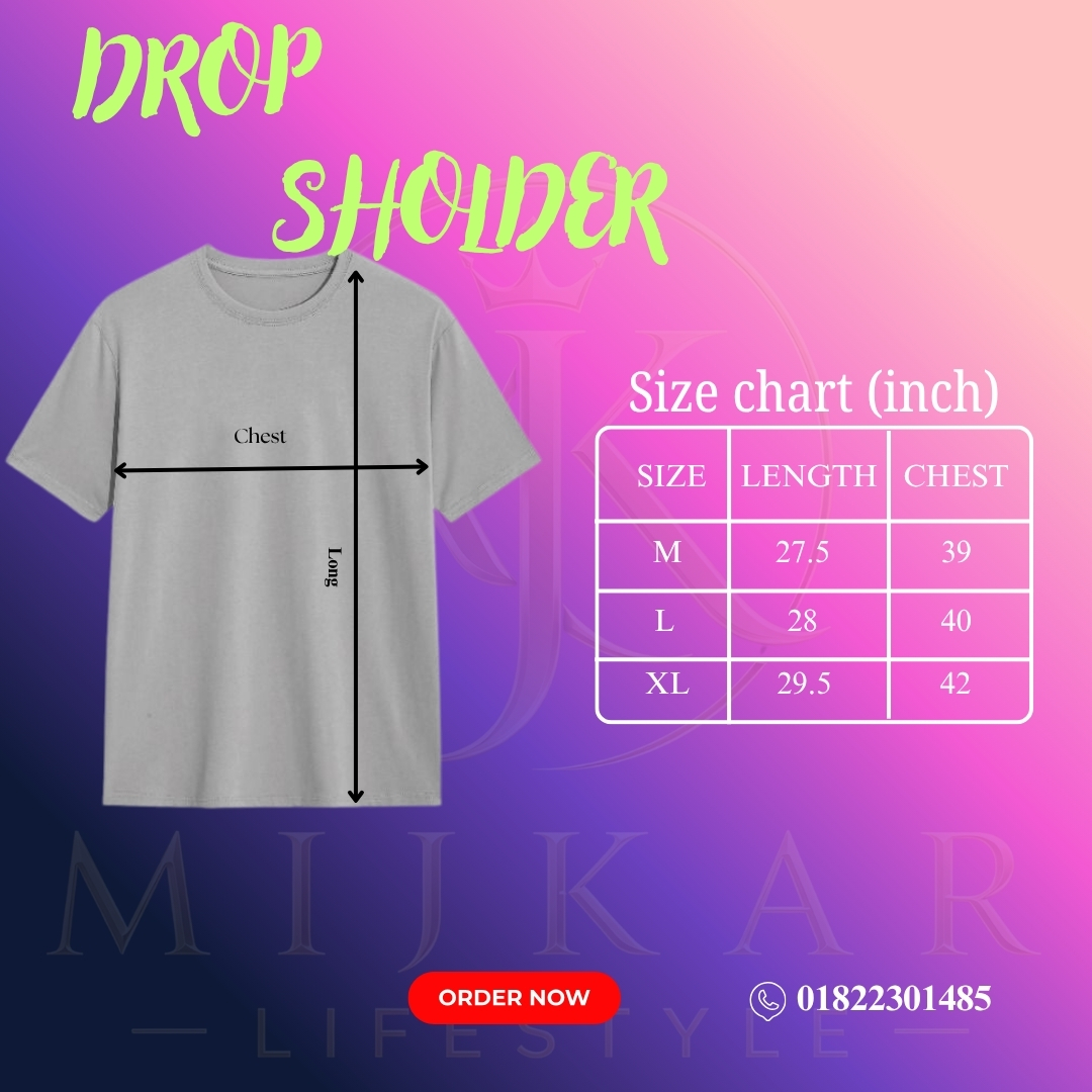 Ash Colour Drop Shoulder T-Shirt size chart